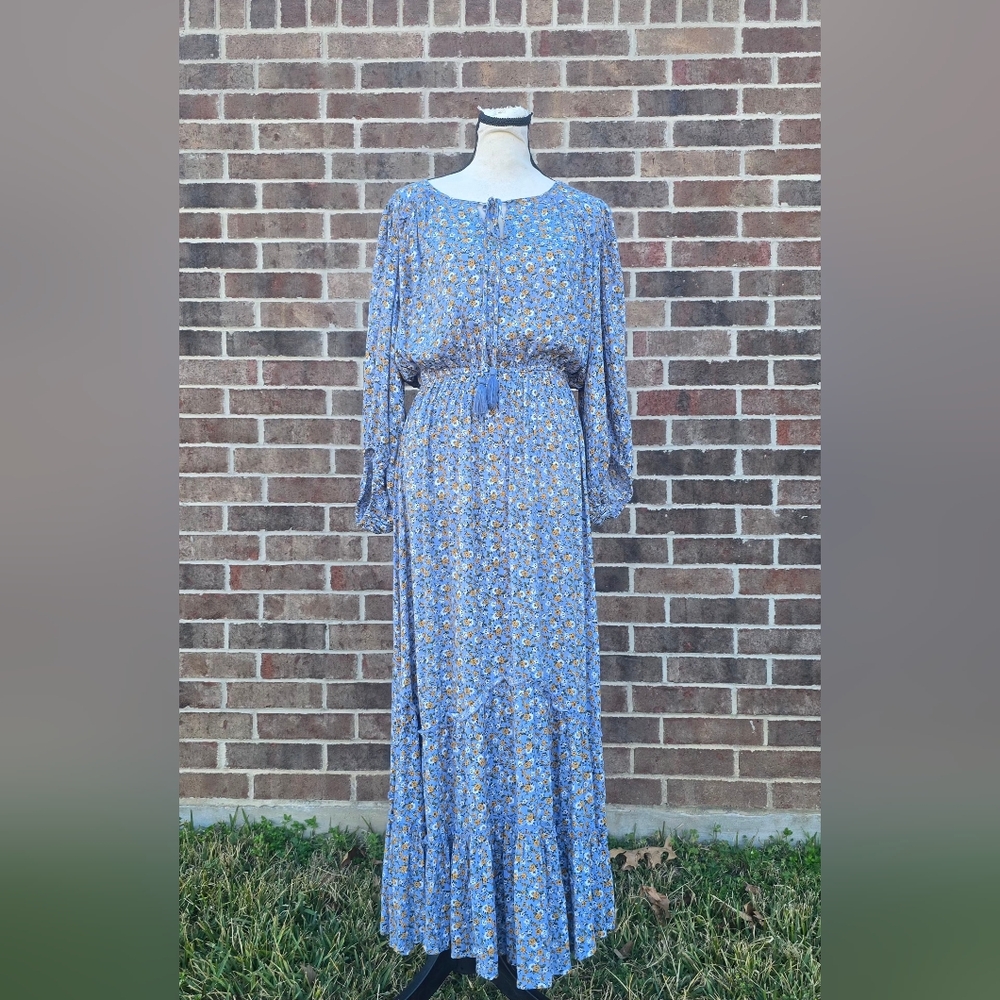 Gigio Blue Yellow Floral Long Sleeve Midi Dress Boho Size M